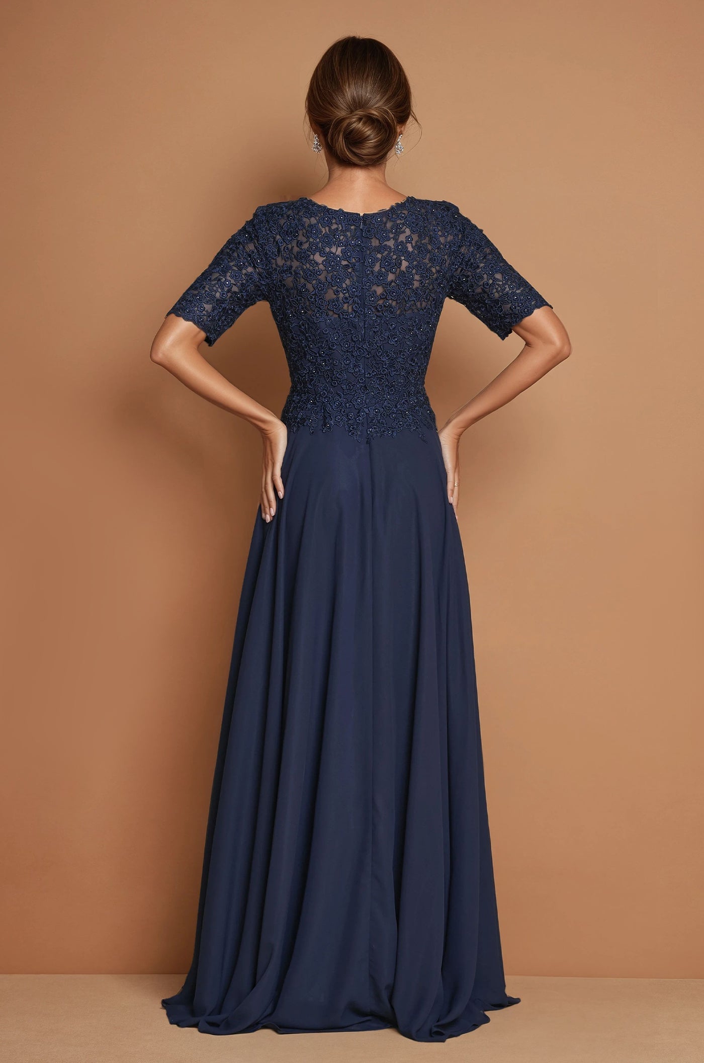 Navy Mother of the Bride Lace Dress with Short Sleeves