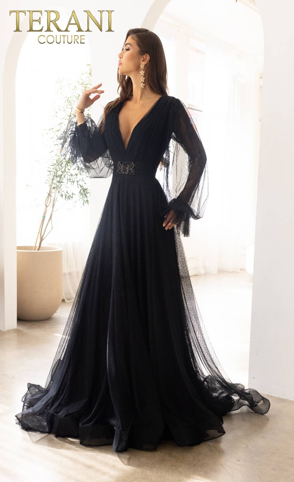 Terani Couture 1913M9414 Long V-Neck Formal Dress