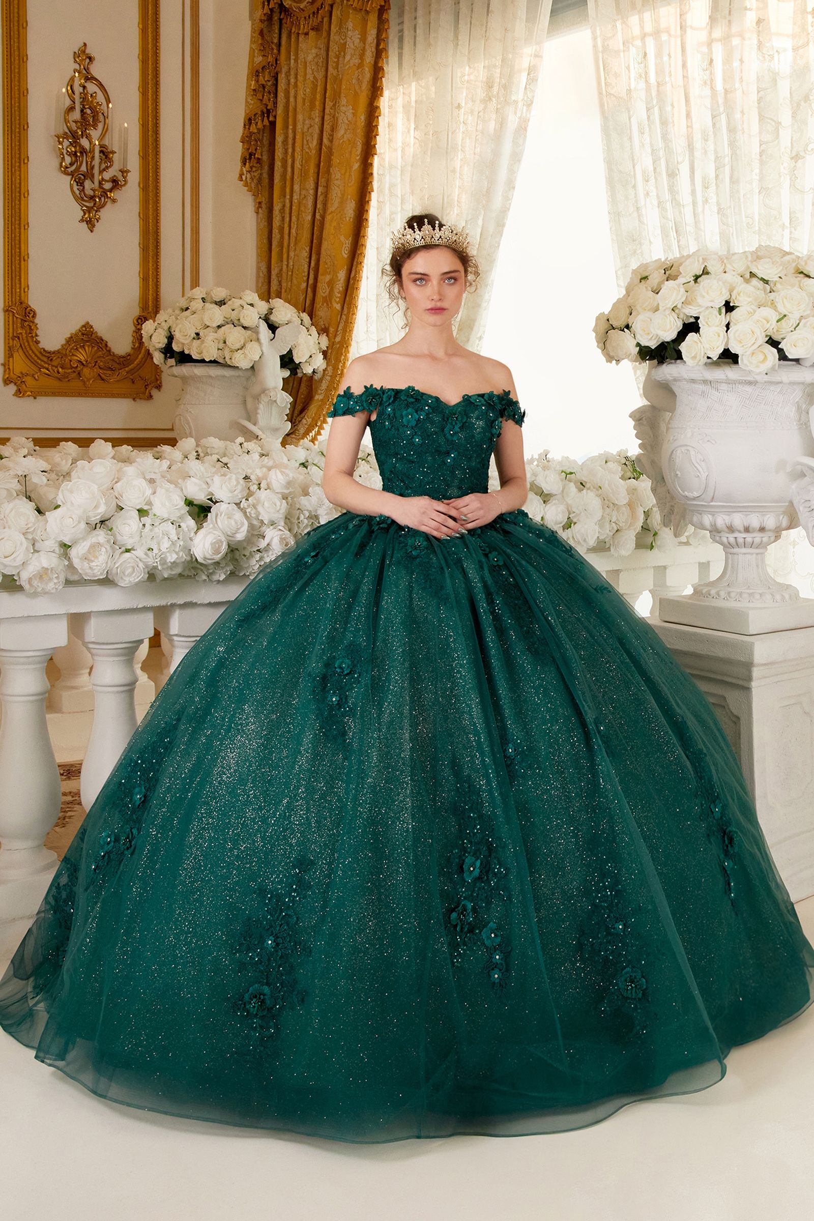 Long Floral Ball Gown Glitter Quinceañera Dress by LaDivine 15702