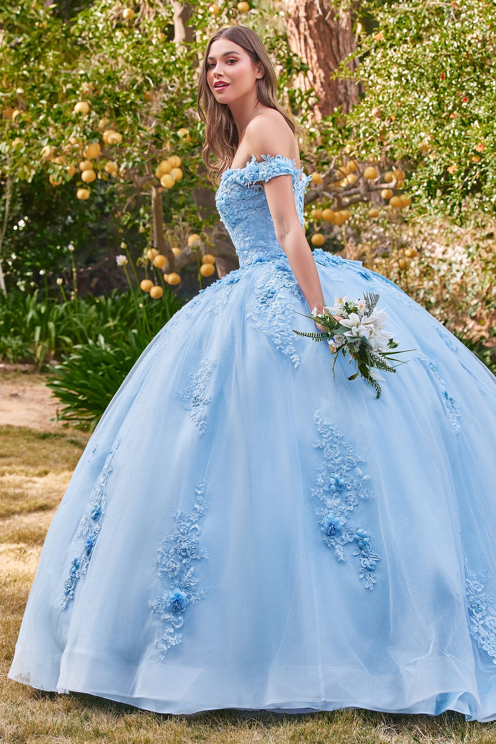 Long Floral Ball Gown Glitter Quinceañera Dress by LaDivine 15702