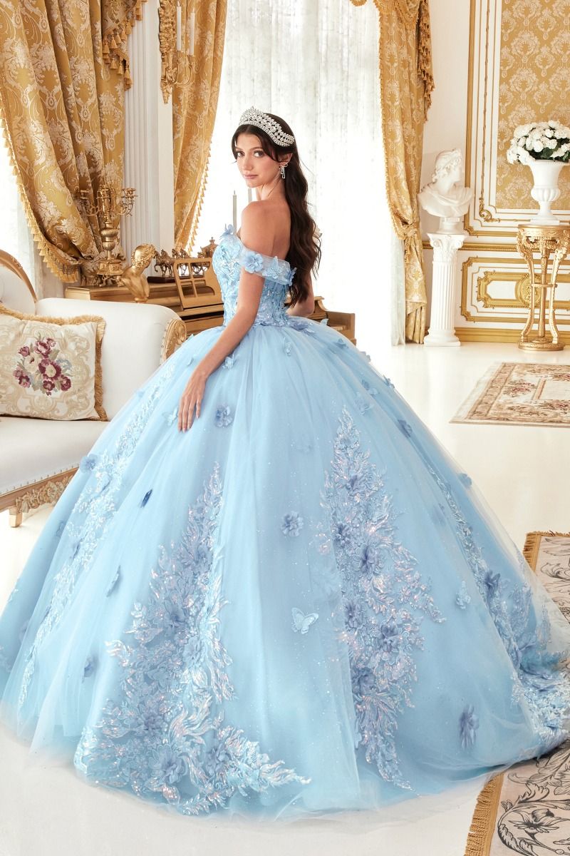 Long Quinceañera Off-Shoulder Floral Appliqué Ball Gown by LaDivine 15713