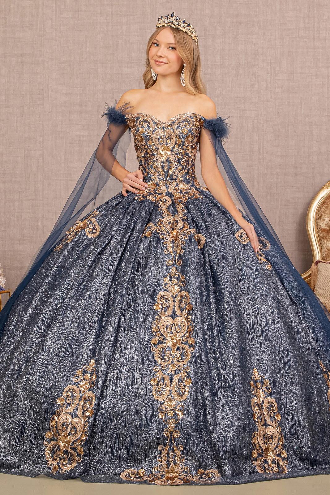 Long Ball Gown Feather Sequin Quinceanera Dress