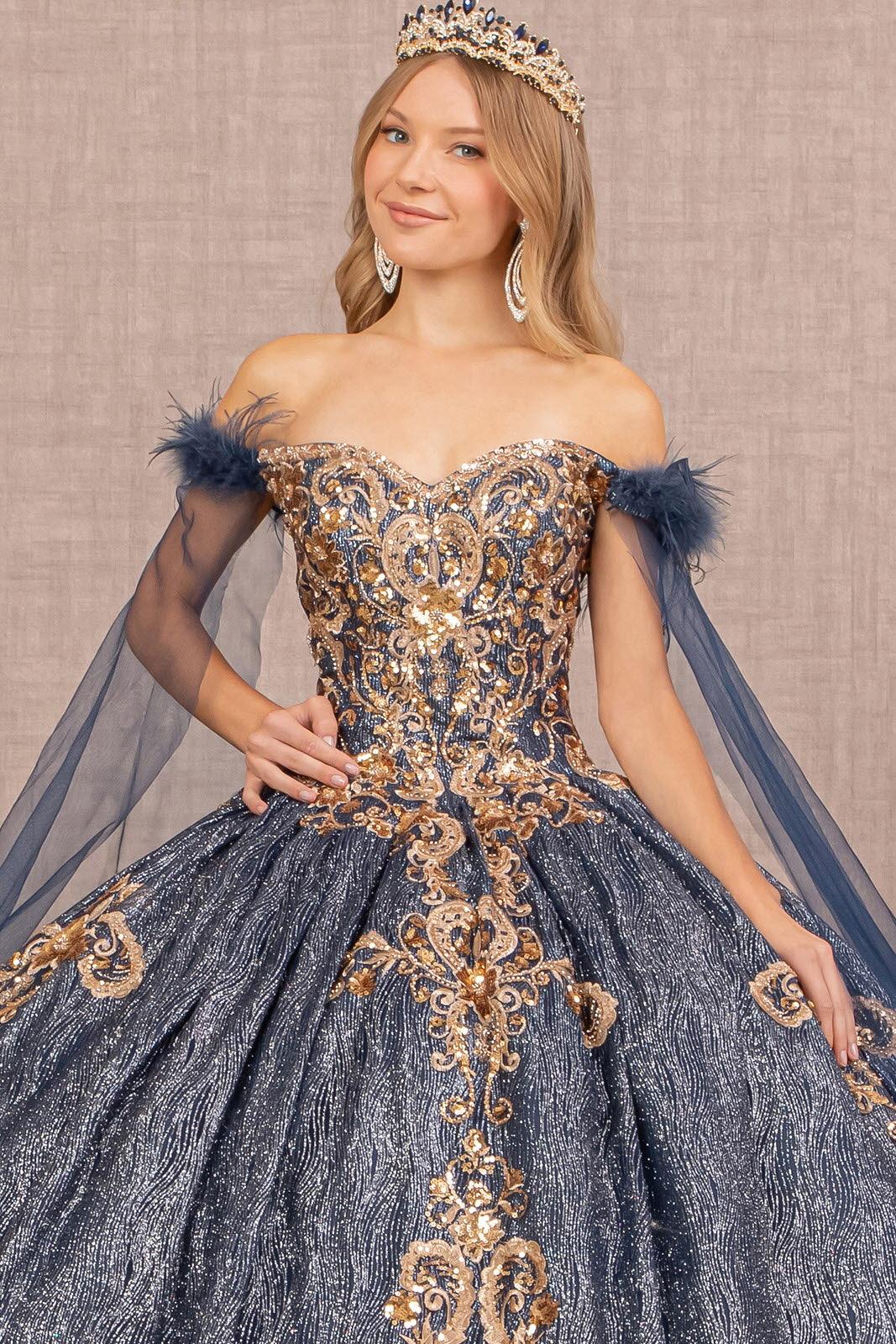 Long Ball Gown Feather Sequin Quinceanera Dress