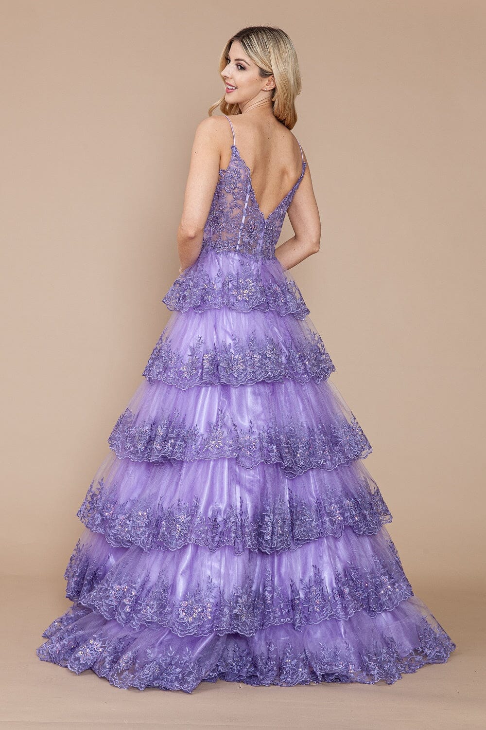 Applique Sleeveless Tiered Layered Gown with Slit Prom Dress Poly USA 9402