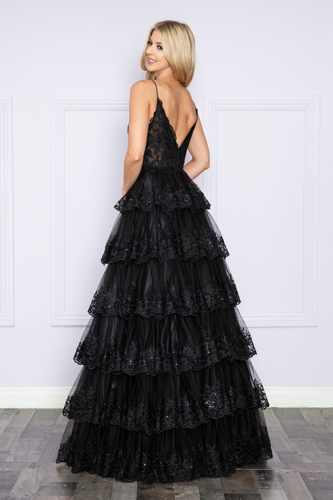 Applique Sleeveless Tiered Layered Gown with Slit Prom Dress Poly USA 9402
